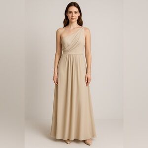 Davids Bridal One-Shoulder Champagne‎ Maxi Dress Size 16 Formal Bride Gown Event